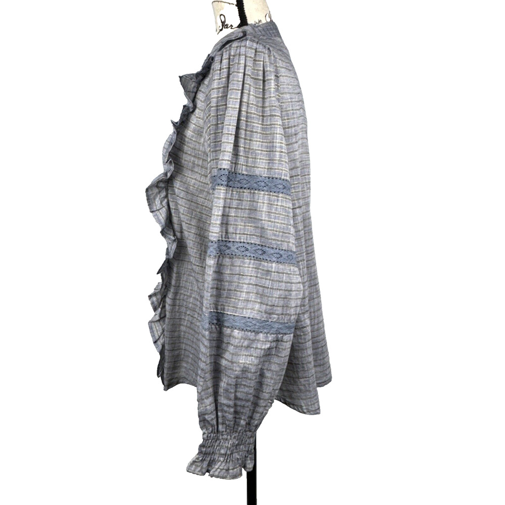 FRNCH Paris Blouse Jada Stripe Ruffled Metallic Medium Cottagecore Peasant Blue - Picture 6 of 15